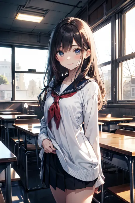 very cute and beautiful girl,(highly detailed beautiful face), (smile),blush,black hair,serafuku,(pleated navyblue mini skirt),standing,(skirt lift,white panties), wooden classroom,window,distant trees and town, (best quality,masterpiece:1.0),absurdres,hig...