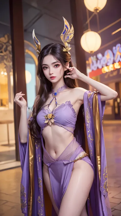 20 year old girl, 1 goddess Athena, pink purple silk dress, beautiful goddess Athena face without blemishes, delicate yellow nightgown, long thin sequin nightgown with many sexy black lace details, female saint legend, female saint icon, beautiful goddess ...