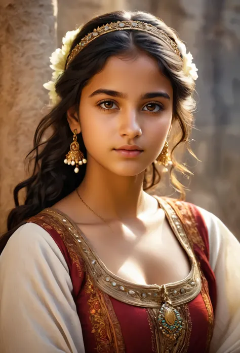 (highres,masterpiece:1.2),(realistic:1.37), A portrait of a beautiful 16-year-old Roma girl, an exotic and exquisite beauty, a masterpiece of a skilled artists rendering of the life force of a young girl.