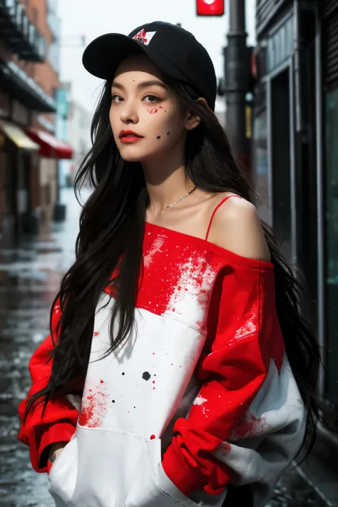 1 girl,back splash, red paint splatter sweatshirt(black),tattoos of the face and neck, one off-the-shoulder garment,baseball cap...