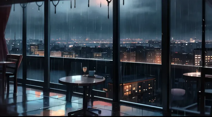 Unattended, night, rain, Large windows overlooking beautiful cityscape, (Looking at the scenery), cafe