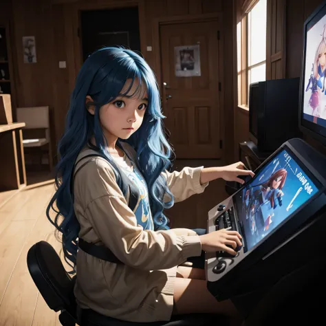 a young girl with long wavy blue hair of a soft brown playing video games