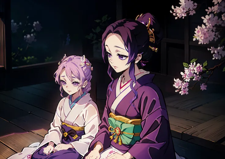 "Kimetsu no estilo Yaiba, depicts a single geisha, , sozinha, in a splendid kimono, radiating beauty and elegance with beautiful lilac hair, (lilac hair) capturing the essence of a graceful, modest and confident courtesan, triste, chamativo e cheio de ener...