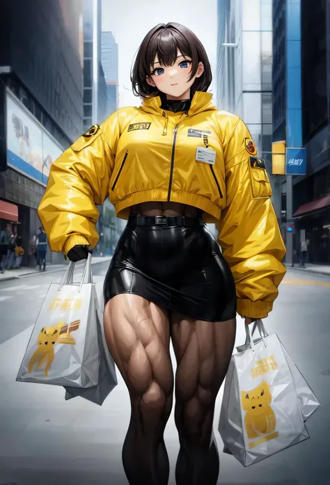 ,tall girl,solo, muscular female, alternate muscle size,,muscular ,biceps,,yellow jacket,black pantyhose,muscular thighs,holding bags