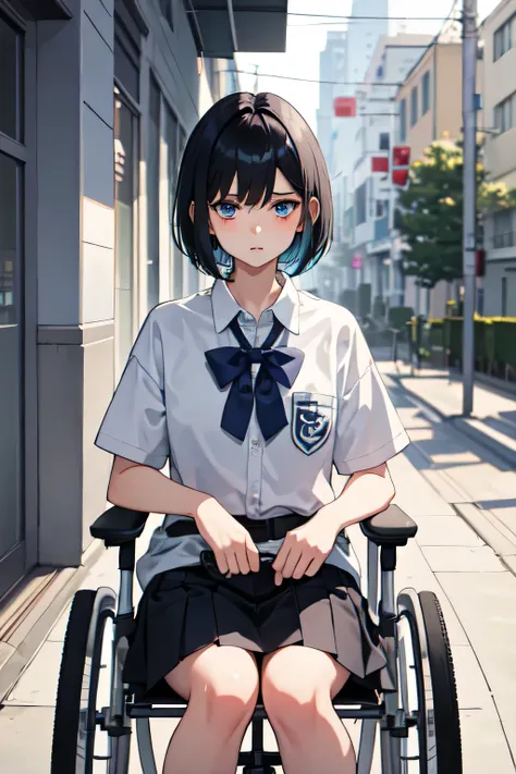 1girl,18y.o,dark iridescent blue eyes,black hair,mullet haircut,short hair,school outfit,sitting in a wheelchair,Sad expression,school background