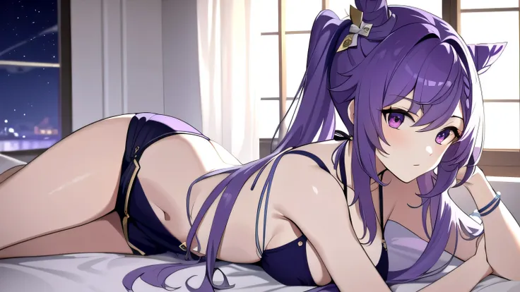 ((masterpiece:1.4, best quality)), purple hair, night,bedroom, laying on bed, 1girl, keqing (genshin impact), bikini,