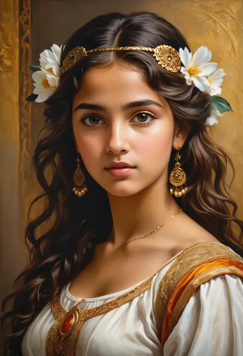 (highres,masterpiece:1.2),(realistic:1.37), A portrait of a beautiful 18-year-old Roma girl, an exotic and exquisite beauty, a masterpiece of a skilled artists rendering of the life force of a young girl. The portrait is created in the style of classical p...