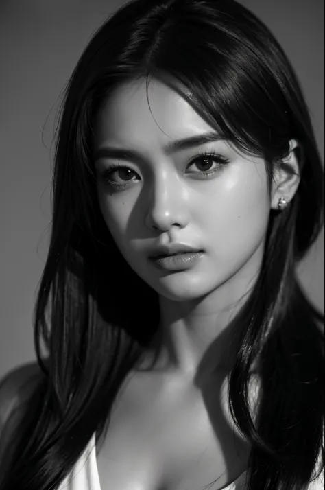 8k, highest quality, ultra details, portrait, Meera, Asian European, dramatic lighting, intense gaze, black and white, high contrast