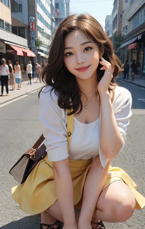 highest quality、masterpiece、Ultra-high resolution、Photorealistic、RAW Photos、1 girl、sexy look、Shoulder hair、The bottom half is curled and sauvage、Cute Smile like a model、frontage、hair color is blonde、yellow tight mini skirt、Casual blouse and jacket、High-cla...