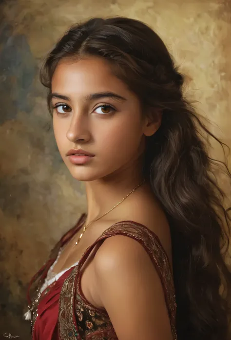 (highres,masterpiece:1.2),(realistic:1.37), a portrait of a beautiful 18-year-old roma girl, an exotic and exquisite beauty, a m...