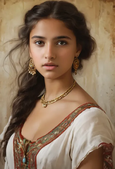 (highres,masterpiece:1.2),(realistic:1.37), a portrait of a beautiful 18-year-old roma girl, an exotic and exquisite beauty, a m...