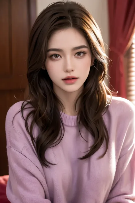 Girl, long brown hair, gray eyes, sharp features, white skin, pink lips, purple sweater