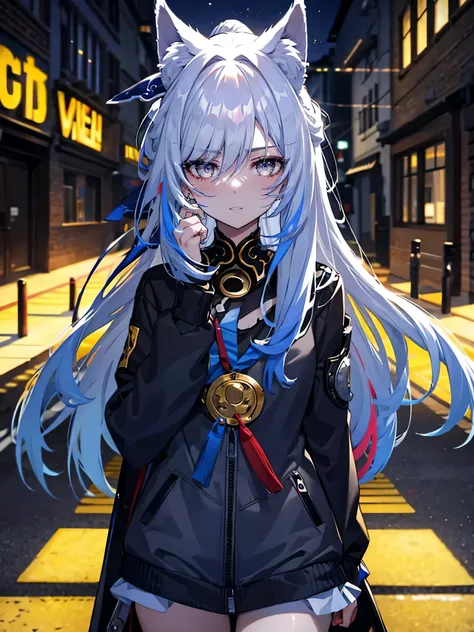 (masterpiece,best quality,ultra-detailed),1girl,(multicolored hair,blue yellow red purple hair),messy hair, black shirt,black jacket,(fox ears),beautiful eyes,(colored skin, grey-blue skin),in a alleyway,(grey theme),(pastel colors theme)