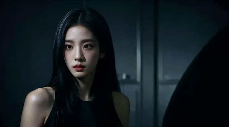 (best quality, high resolution:1.2), Practical, Black skirt, Black Hair, dark theme, black background, intense gaze, elegant gesture, floating dress, Detailed facial features, Long eyelashes, Pale skin, Kim Ji Soo, contrast, Fine details, Theatrical atmosp...