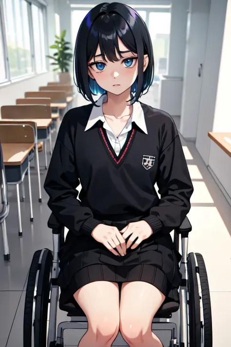 1girl,18y.o,dark iridescent blue eyes,black hair,mullet haircut,short hair,school outfit,sitting in a wheelchair,Sad expression,classroom school background