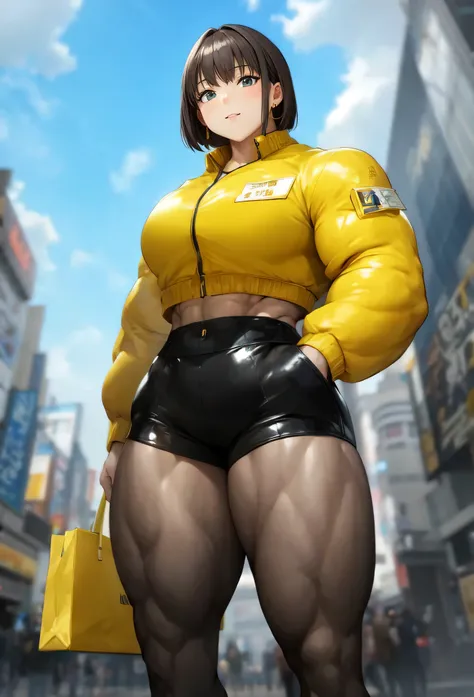 ,tall girl,solo, muscular female, alternate muscle size,,muscular ,biceps,,yellow jacket,black pantyhose,muscular thighs,holding bags