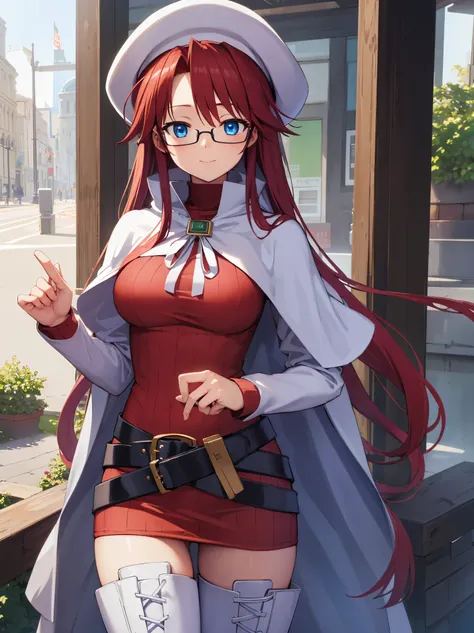 summonnightaty, aty, long hair, blue eyes, red hair, beret, hat, glasses,
BREAK long hair, thighhighs, hat, dress, boots, glasses, belt, cape, sweater, zettai ryouiki, beret, thigh boots, white footwear, ribbed sweater, loose belt,solo,
BREAK outdoors, fan...