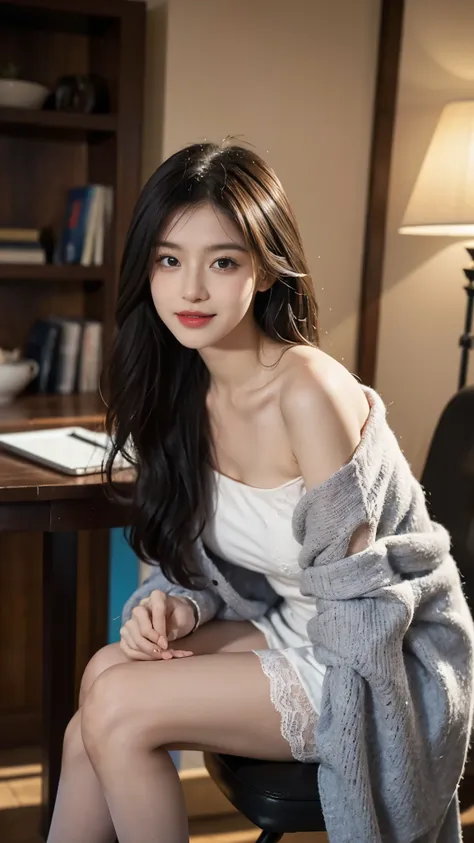 A perfect young female white-collar worker，Chinese，High picture quality，Works of masters，Black hair，Long hair shawl，Long hair flowing over the shoulders，Beach wave hairstyle，cropped shoulders，clavicle，exquisite face，Hydrated red lips，（（Wear colorful and st...