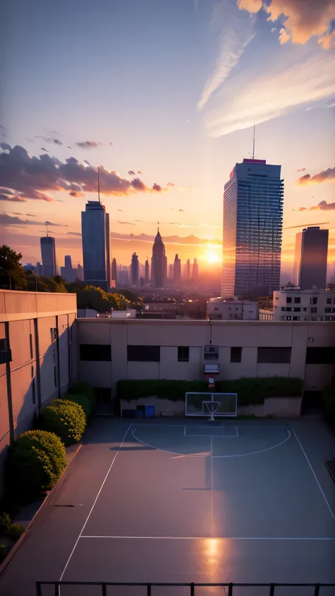 picturesque basketball court with a city and a majestic sunset