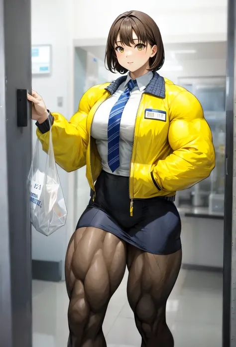 ,tall girl,solo, muscular female, alternate muscle size,,muscular ,biceps,,yellow jacket,black pantyhose,muscular thighs,carrying bags,open door