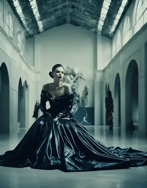 (a cinematic film still of a fashion shoot), a woman model laying posing in a modern art museum, fashion haute couture garments by Alexander McQueen, photography by Paolo Roversi, sharp focus, cinematic lighting, fashion style, moody, film grain