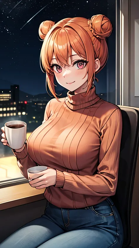 (masterpiece), best quality, expressive eyes, perfect face, 1girl, solo, tomboy, mature female, big breasts, short hair, , orange hair BREAK hair buns, double buns, pink eyes BREAK orange sweater BREAK blue pants BREAK hot coffee, cup,  indoors, sitting on...