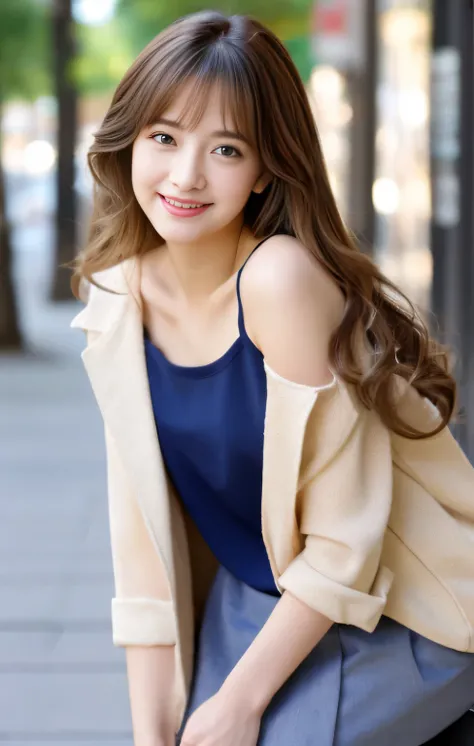 highest quality、masterpiece、Ultra-high resolution、Realistic、RAW Photos、1 girl、sexy look、Shoulder hair、The bottom half is curled and sauvage、Cute Smile like a model、frontage、hair color is blonde、yellow tight mini skirt、Casual blouse and jacket、High-end fash...