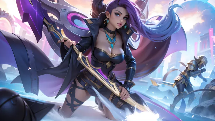 Close-up of a woman holding a sword in the game, Keda, olympic jinx, lebron, League of Legends art style, samira From League of Legends, Extremely detailed artger, League of Legends style art, Irelia, Catalina, Ash, League of legends characters art, From L...