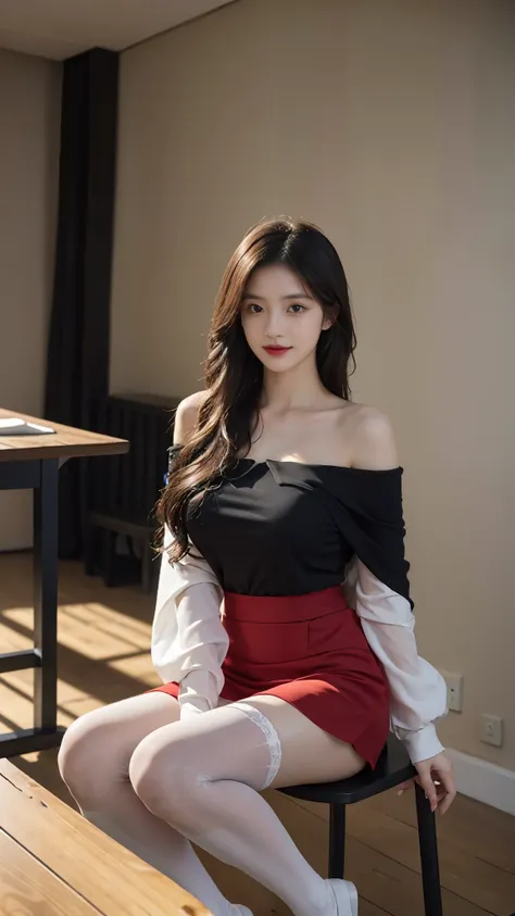 A perfect young female white-collar worker，Chinese big breasts，High picture quality，Works of masters，Black hair，Long hair shawl，Long hair flowing over the shoulders，Beach wave hairstyle，cropped shoulders，clavicle，exquisite face，Hydrated red lips，（（Wear col...