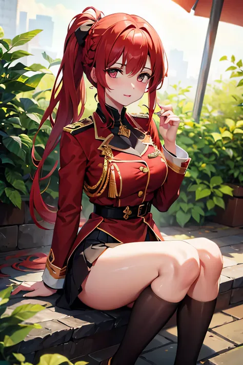 1 girl, red hair, braided hair, pony-tail, red royal uniform