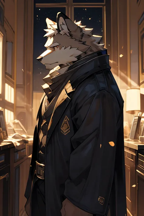 ((best quality)), ((masterpiece)), (detailed), male焦点，male，Perfect face,solo,kemono,night,office,white fur,Lab Coat，Sunlight,research institute，Silver-framed glasses,anthro white wolf.slender frame,sliver eyes,indoor,