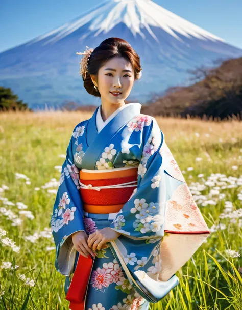 ((Half body Portrait of Beautiful Young Japanese Woman )), (( Traditional kimono outfit)), High-class Lady,( Meiji Fashion Style),(( Vintage Color Photo)),((Outdoor photography in a beautiful meadow)) (( In the background is Mount Fuji with snow covering t...