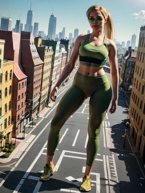 Masterpiece, best quality, award-winning, giantess, solo, 1girl, Cassie, blonde hair, solo, ponytail, green top, green yoga pants, sunglasses, walking in the city