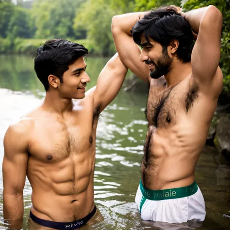 Young native India malee, shirtless, abs, ethnic underwear, hairy body, pubic hair , hairy abs, gay couple, romantic scene, different face and different hairstyle, river