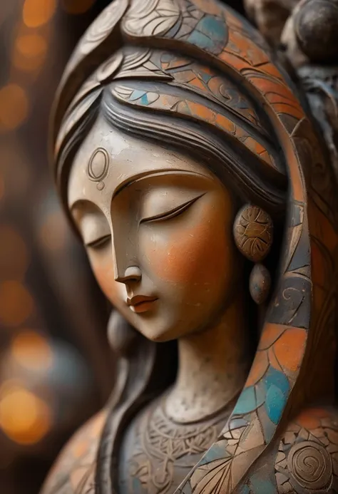 (masterpiece, best quality:1.2),Ornaments， Statue of the Virgin, ，color，Paint pottery in earthy tones，With subtle patterns and textures，Invoking ancient wisdom. Focus on the face，With depth of field and bokeh effects. This is a high resolution image，Intric...