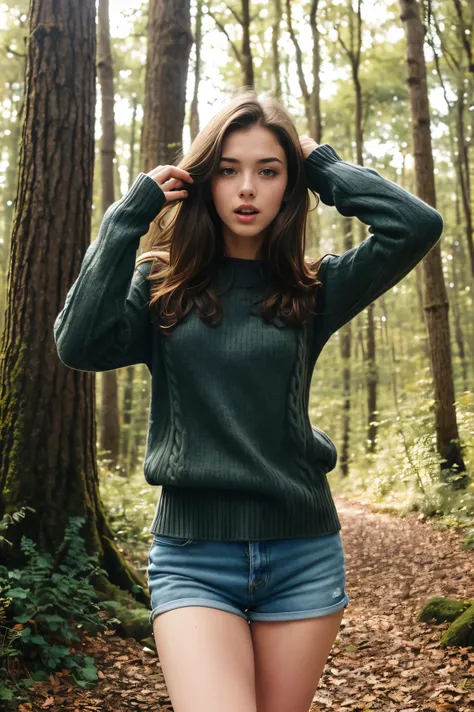 (bestquality,realistic:1.2),(brunette hair:1.1),(French:1.1),(sexy:1.1),(slim figure:1.1),(18 years old:1.1),(handcuffed:1.1),(sweater:1.1),(rolled-up sleeves:1.1),(hands up:1.1),(visible legs:1.1),(open mouth:1.1),illustration,forest,detailed eyes,detaile...