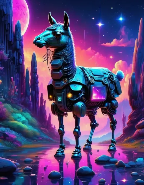 (astronomy night sky, exotic landscape, extraordinary and detachment, science fiction, llama-shaped robot with advanced technolo...