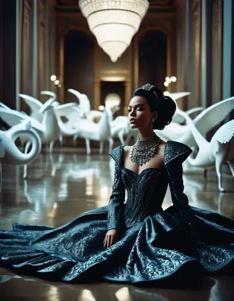 (a cinematic film still of a fashion shoot), a woman model laying posing in a modern art museum, fashion haute couture garments by Alexander McQueen, photography, sharp focus, cinematic lighting, fashion style, moody, film grain