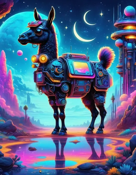 (Astronomy night sky, exotic landscape, extraordinary and detachment, science fiction, llama-shaped robot with advanced technology), (Best quality, 4K, high resolution), (Futuristic lighting, neon colors), cyberpunk-inspired brightness gradients, highly de...