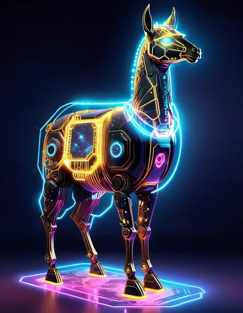 (Astronomy night sky, exotic landscape, extraordinary and detachment, science fiction, llama-shaped robot with advanced technology), (Best quality, 4K, high resolution), (Futuristic lighting, neon colors), cyberpunk-inspired brightness gradients, highly de...