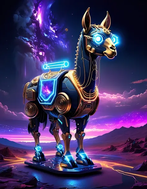 (astronomy night sky, exotic landscape, extraordinary and detachment, science fiction, llama-shaped robot with advanced technolo...