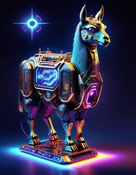 (Astronomy night sky, exotic landscape, extraordinary and detachment, science fiction, llama-shaped robot with advanced technology), (Best quality, 4K, high resolution), (Futuristic lighting, neon colors), cyberpunk-inspired brightness gradients, highly de...