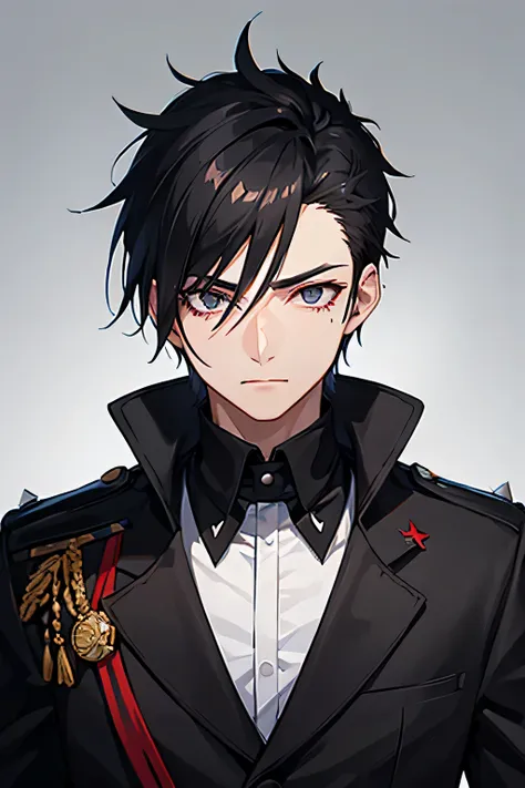 1 guy, black spiky hair, black eyes, dead eyes, red royal uniform