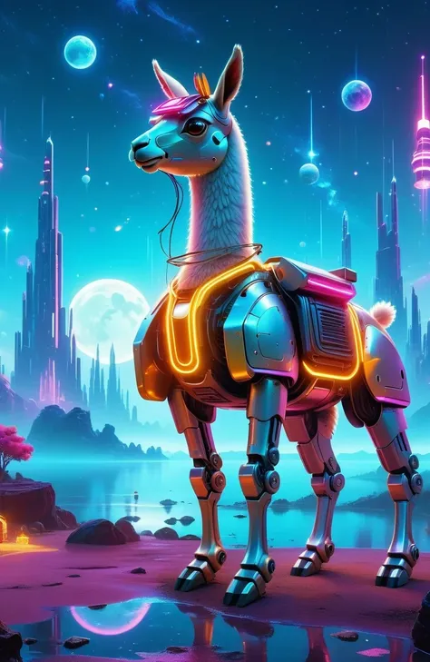 (astronomy night sky, exotic landscape, extraordinary and detachment, science fiction, llama-shaped robot with advanced technolo...