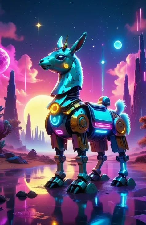 (astronomy night sky, exotic landscape, extraordinary and detachment, science fiction, llama-shaped robot with advanced technolo...