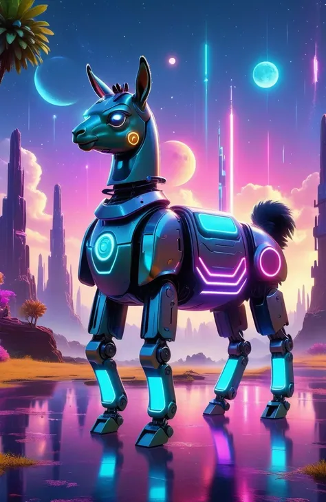 (Astronomy night sky, exotic landscape, extraordinary and detachment, science fiction, llama-shaped robot with advanced technology), (Best quality, 4K, high resolution), (Futuristic lighting, neon colors), cyberpunk-inspired brightness gradients, highly de...