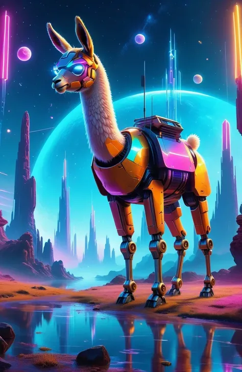 (Astronomy night sky, exotic landscape, extraordinary and detachment, science fiction, llama-shaped robot with advanced technology), (Best quality, 4K, high resolution), (Futuristic lighting, neon colors), cyberpunk-inspired brightness gradients, highly de...