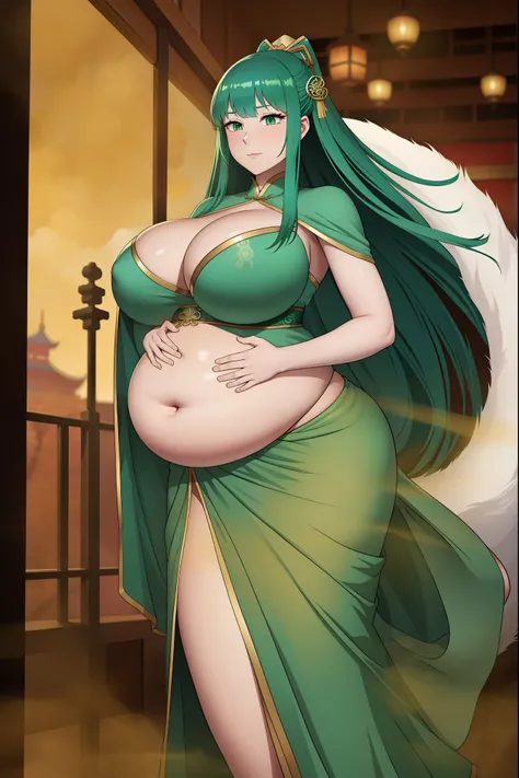 absurdres, highres, (official art, beautiful and aesthetic:1.2, anime style, anime), ultra detail, beautiful person, WuXia, mature female, (bangs, green eyes, green hair, long hair, dark green evening dress, a white fur cape), old Chinese city, New Years l...