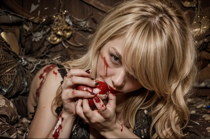 a blonde eating a red heart. dark background, nailpolish, real dirty skin, blood and wounds on arms, more_details