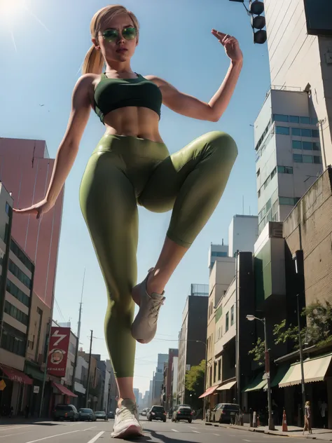 Masterpiece, best quality, award-winning, giantess, solo, 1girl, Cassie, blonde hair, solo, ponytail, green top, green yoga pants, sunglasses, walking in the city